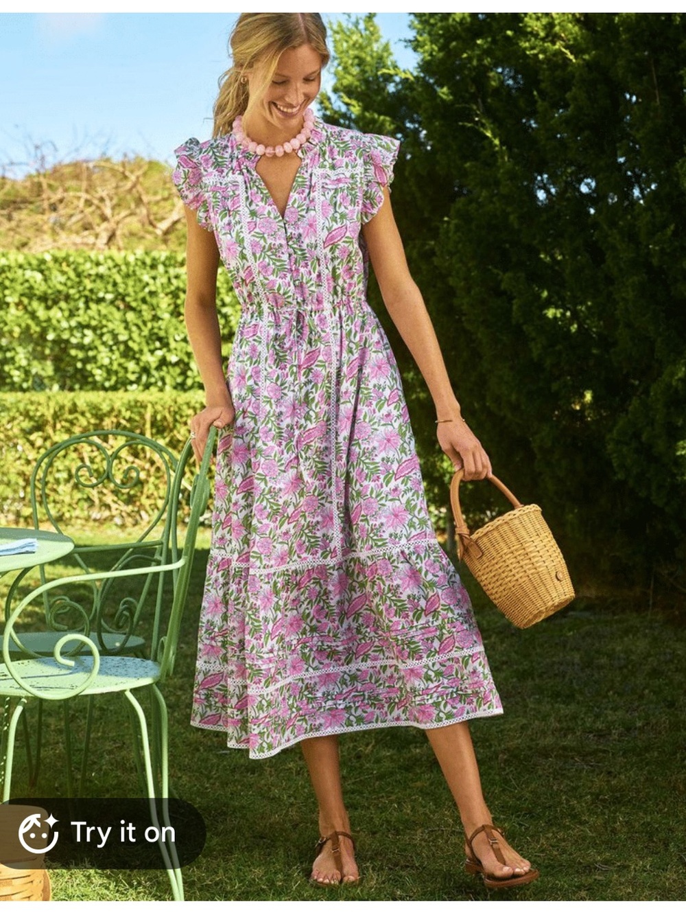 Vineyard Vines Pink Floral Ruffle-Sleeve Midi Dress